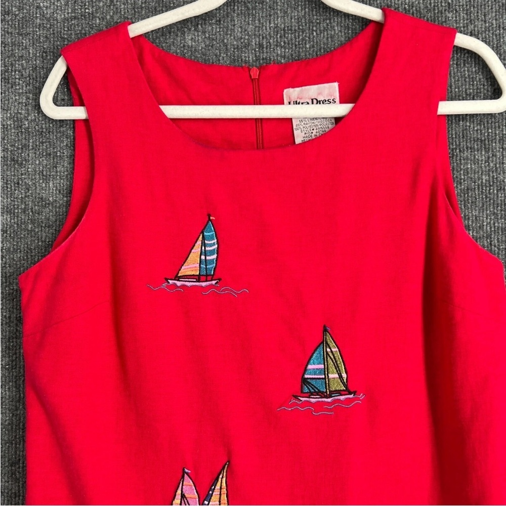 Vintage Ultra Red Sailboat Embroidered Linen Blend Sheath Dress Women’s Size 14 - Picture 4 of 14